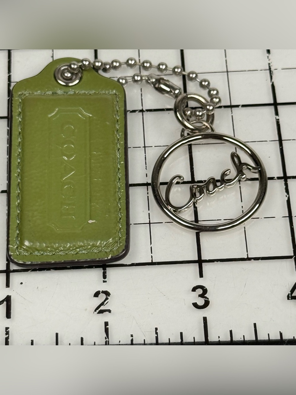 Coach Green Leather Tag Keychain with Silver Script Ring